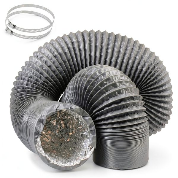 4 Inch Gray Duct Hose by 12 Feet, Eau Flexible 4-Layers Aluminum Dryer Vent Tube Transition Duct Air Hose with 2 Screw Clamps Great for HVAC Duct, Clothes Dryer Duct, Air Duct-0